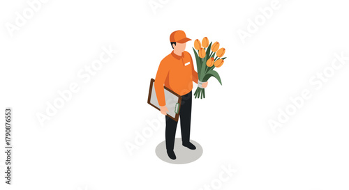 Isometric delivery person carrying flowers and clipboard in uniform
