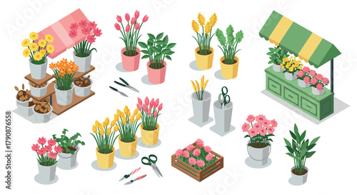Colorful isometric flower market with various potted plants and gardening tools