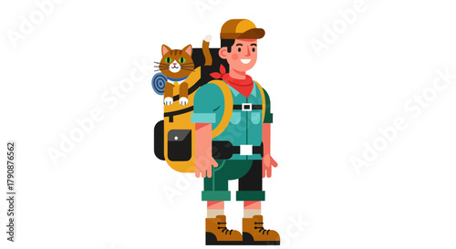 Adventurous Hiker Smiling With Pet Cat In Backpack, Outdoor Recreation Journey