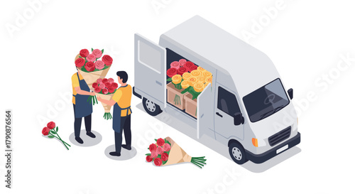 Florists loading bouquet delivery van with colorful roses in isometric style