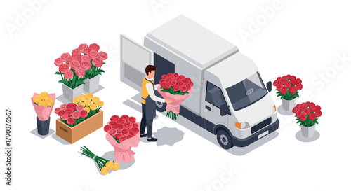 Florist delivering bouquets with van isometric floral arrangement scene