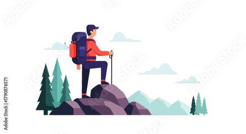 Adventurous Hiker Standing Atop a Mountain Peak Enjoying Scenic Views in Nature