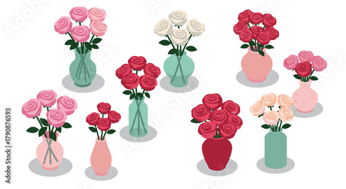 Colorful rose bouquets in vases isometric floral arrangement collection for home decor
