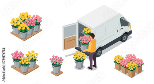 Isometric flower delivery scene with van and vibrant potted plants
