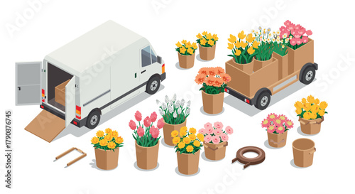 Isometric flower delivery set with van and colorful blooming plants