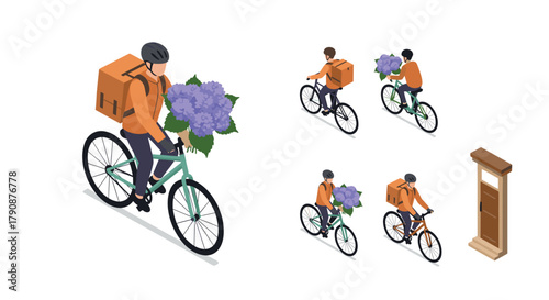 Isometric cyclist delivery with flowers and packages on urban journey