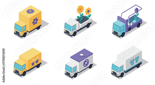 Isometric flower delivery trucks with unique designs and colorful details