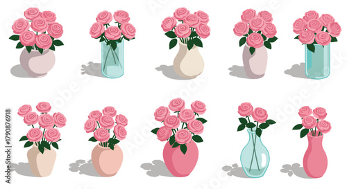 Elegant pink roses in various vases on white background