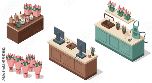Floral shop workspace isometric scene with counters and bouquets