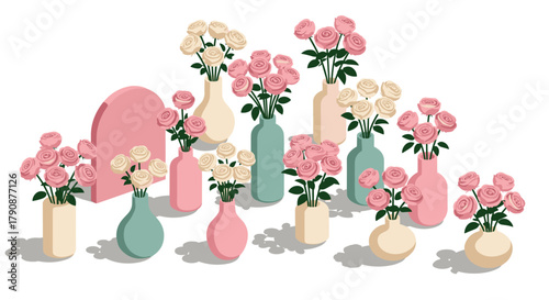 Isometric pastel flower arrangements in various vases