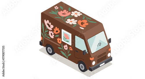 Isometric floral van illustration charming design with flower patterns on retro brown delivery vehicle