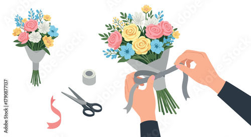 Creating a beautiful floral bouquet with colorful flowers and ribbon tying in a flat design