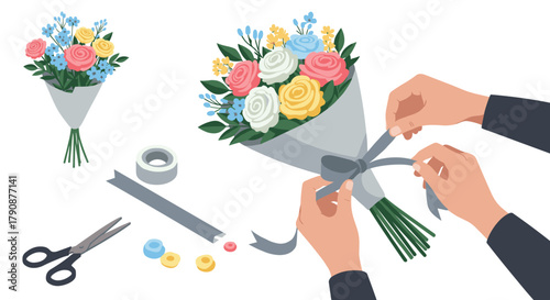 Crafting a floral bouquet with vibrant roses and blue accents in a minimalistic setting