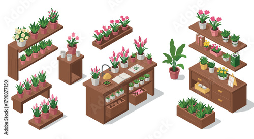 Isometric indoor garden with wooden shelves and various potted plants