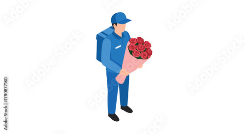 Isometric delivery person holding a bouquet of red roses