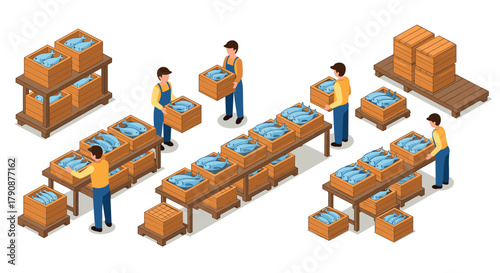 Workers organizing fish crates in warehouse with efficient workflow in isometric design