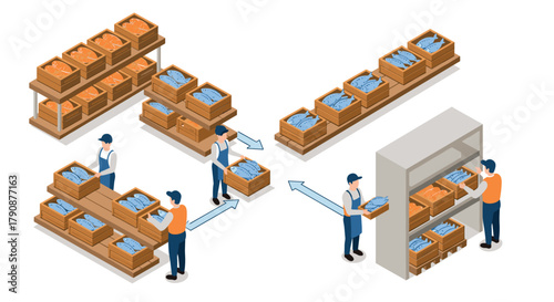 Isometric warehouse design with workers organizing products on shelves