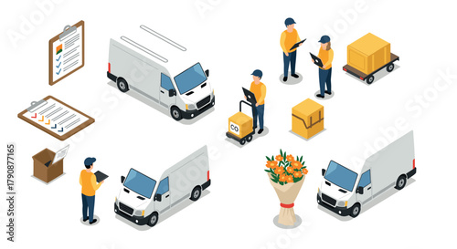 Isometric delivery service concept with vans and workers