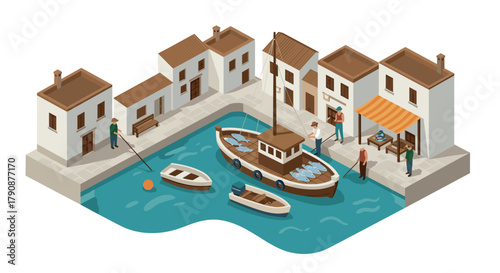Charming isometric fishing village with boats and buildings by canal
