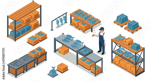 Isometric fish market warehouse with worker and fresh seafood storage racks