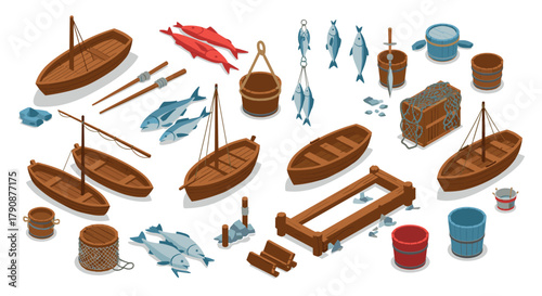 Isometric wooden boats and fishing equipment set for nautical design