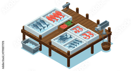 Isometric fish market stand with fresh seafood on wooden dock