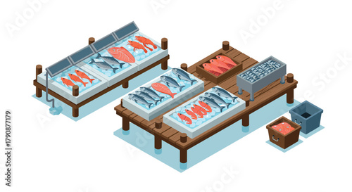 Isometric fresh fish market display with ice and wooden stalls