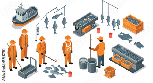Isometric fishing industry workers processing catch with equipment and tools