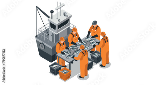 Isometric fishing crew sorting fresh catch on boat deck
