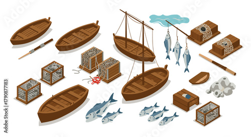 Isometric fishing equipment and boats collection for nautical themed design