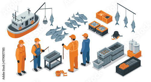 Fishing industry isometric design with workers, fish, and equipment