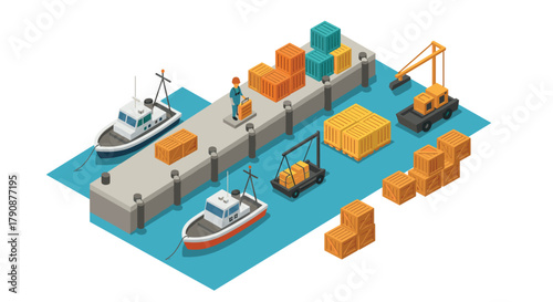 Isometric cargo port scene with docked ships and stacked containers