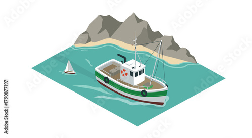 Isometric fishing boat near island coast with sailboat and beach scene