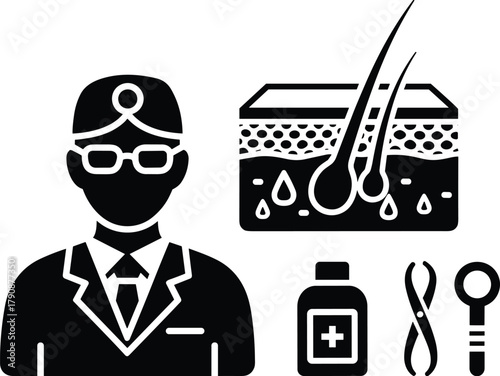 Dermatologist with skin cross section hair follicle medical tools and medicine doctor healthcare