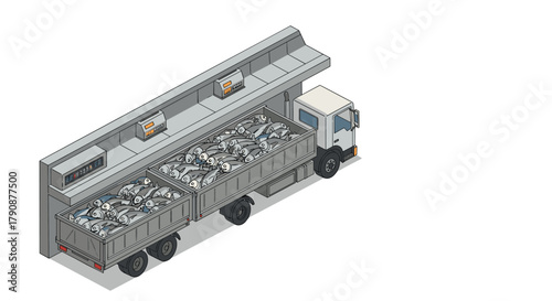 Isometric cargo truck with fish load and digital displays