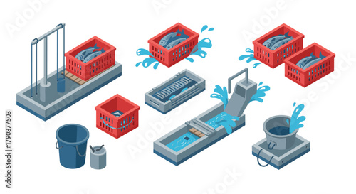 Isometric fish processing icons conveyor, baskets, equipment, and logistics