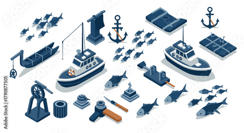 Isometric nautical elements and fishing theme with boats and marine icons