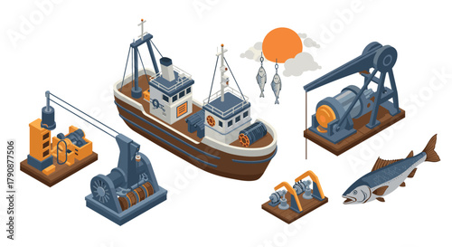 Isometric fishing vessel and equipment with fish under sun illustration
