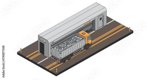 Isometric cargo truck unloading at warehouse with industrial goods
