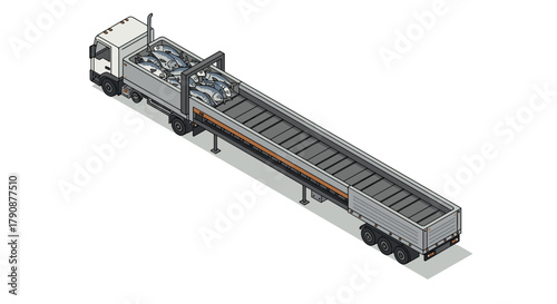Isometric truck with long trailer and engine parts transportation
