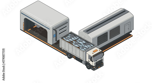 Isometric garbage truck with transfer station for waste management and recycling