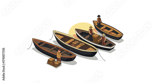Isometric vintage boats and fishermen scene with cargo on river