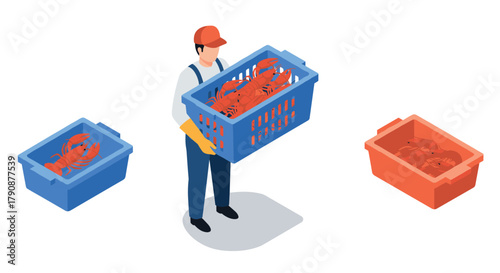 Isometric seafood worker handling lobster baskets