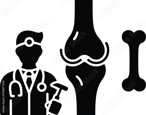 Doctor examining knee joint and bone with stethoscope and hammer icon physician medical