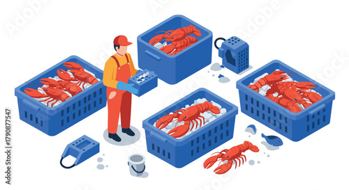 Seafood processing worker handling fresh lobsters in a factory setting in isometric style