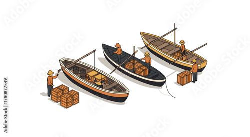 Fishermen unloading wooden boats with cargo on calm water in isometric style