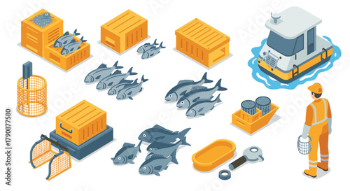 Isometric fishing industry elements with equipment and fish in 3d design