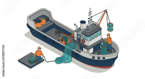 Isometric fishing boat scene with fishermen and equipment in action