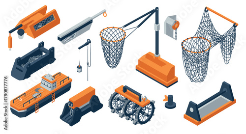 Isometric fishing equipment collection with nets and boats in orange and gray design