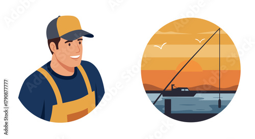 Fisherman portrait and coastal sunset scene in flat design style